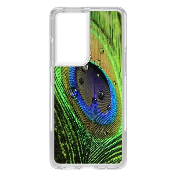 DistinctInk Clear Shockproof Hybrid Case for Galaxy S21 ULTRA 5G (6.8" Screen) - TPU Bumper, Acrylic Back, Tempered Glass Screen Protector - Peacock Feather Close Up - Animal Print