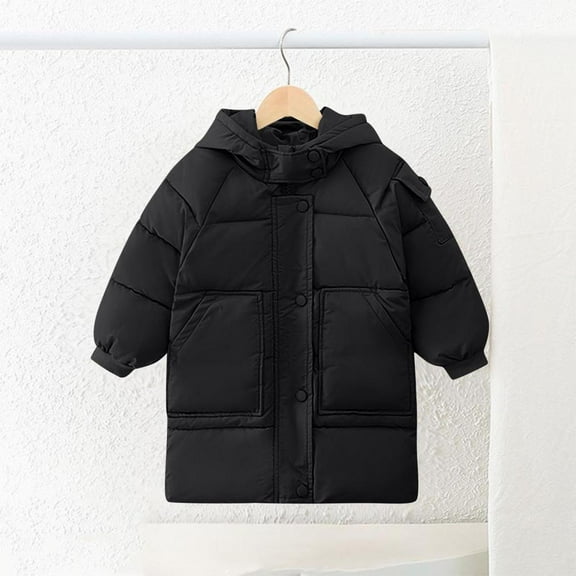 Bxsruta Jacket for Girls, Hooded Long Sleeve Thickened Puffer Jacket for Kids, Medium Long Length Casual Winter Coat