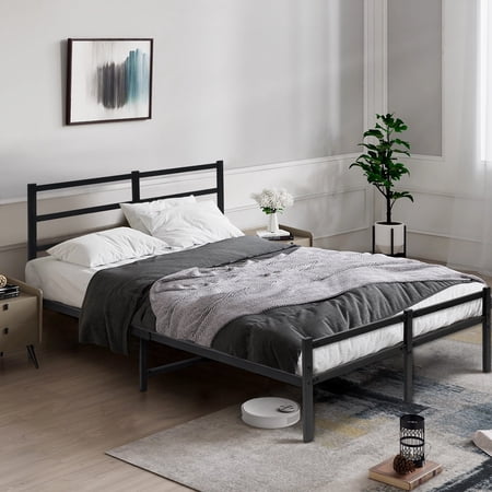 Queen Size Bed Frame with Headboard 14 inch Heavy Duty Metal Platform Bed Frame No Box Spring Needed  Black