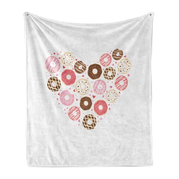 Heart Soft Flannel Fleece Throw Blanket, Shape with Tasty Donuts Dessert Theme Chocolate Glazed Sprinkles and Creamy Pastry, Cozy Plush for Indoor and Outdoor Use, 50" x 70", Multicolor, by Ambesonne