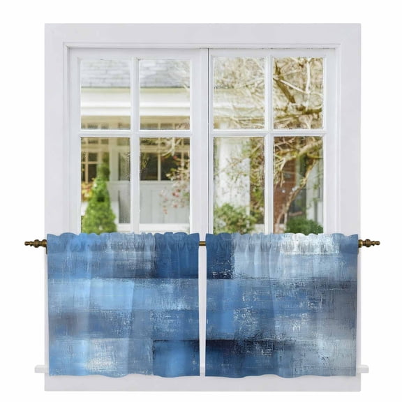 Blue Tier Curtains, Ombre Oil Painted Retro Abstract Art Modern Light Filtering Kitchen Curtains, 2Pcs Rod Pocket Half Window Treatments Panels for Sink Cafe Cabinet Camper 27.5x36 Inches