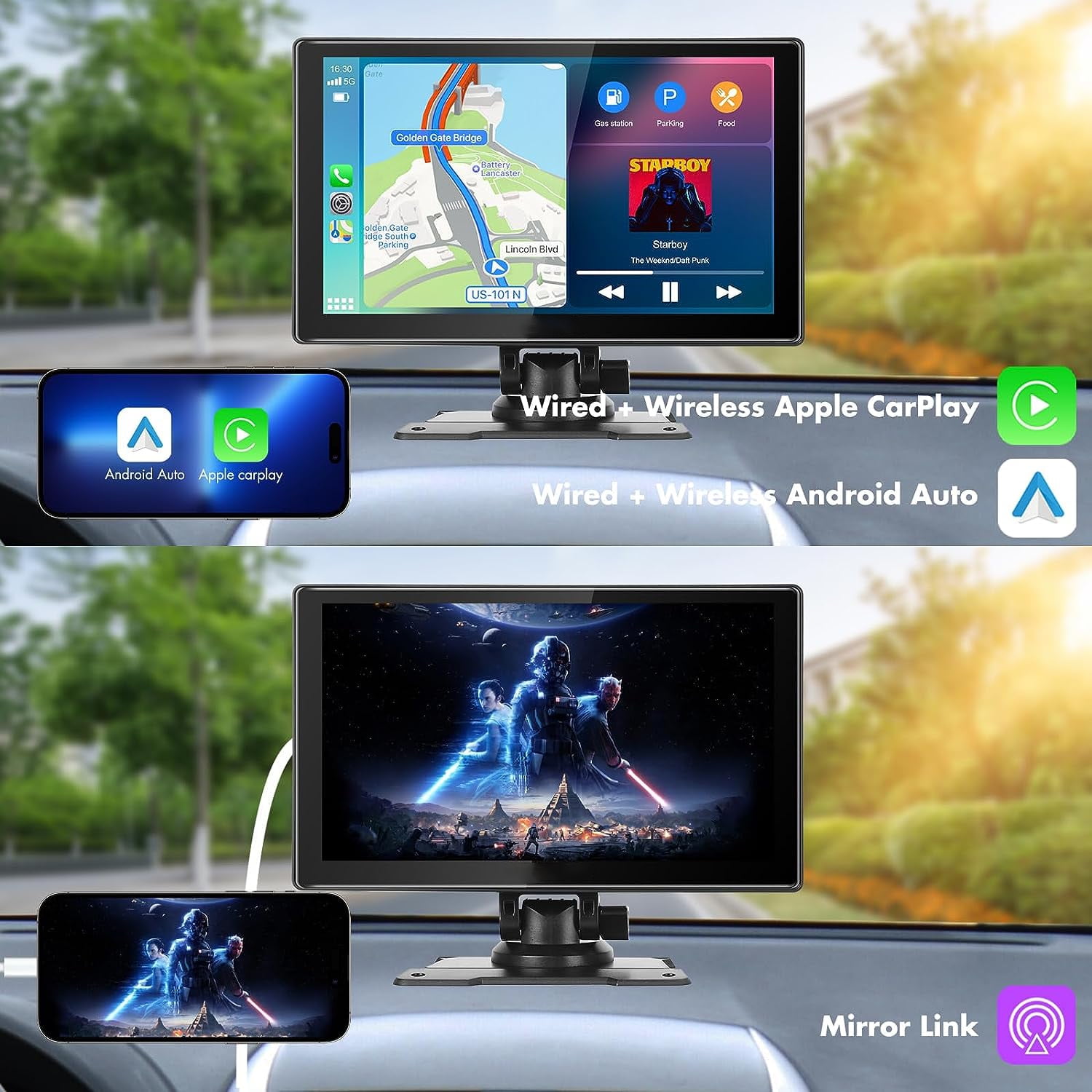 Portable Car Stereo, Wireless Apple CarPlay&Android Auto, 9” FHD Touchscreen Car Audio Receiver, Bluetooth, Rear Camera, Voice Control, AUX/USB/TF