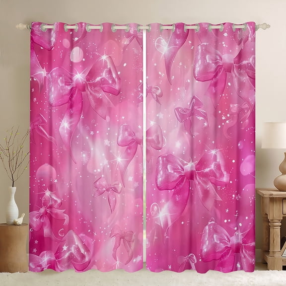 Manfei Kawaii Ribbon Bow Black Out Curtains for Girls Female,Bling Pink Glitter Curtains Pack of 2 (42x63 Each),Dreamy Princess Bedroom Curtains,Super Cozy Room Decor