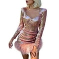 thumbnail image 2 of Liacowi Women Sexy Feather Dress Long Sleeve Sequin Mini Dress with Fur Trim Fuzzy Cocktail Party Bodycon Dress, 2 of 8