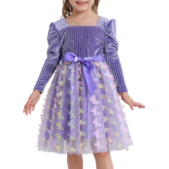 Girls Fall Winter Princess Dress Velvet Long Sleeves Layered Tulle Dress Square Neck Tutu Dress Wedding Birthday Commemorative Day Party Princess Dress 4-10 Years
