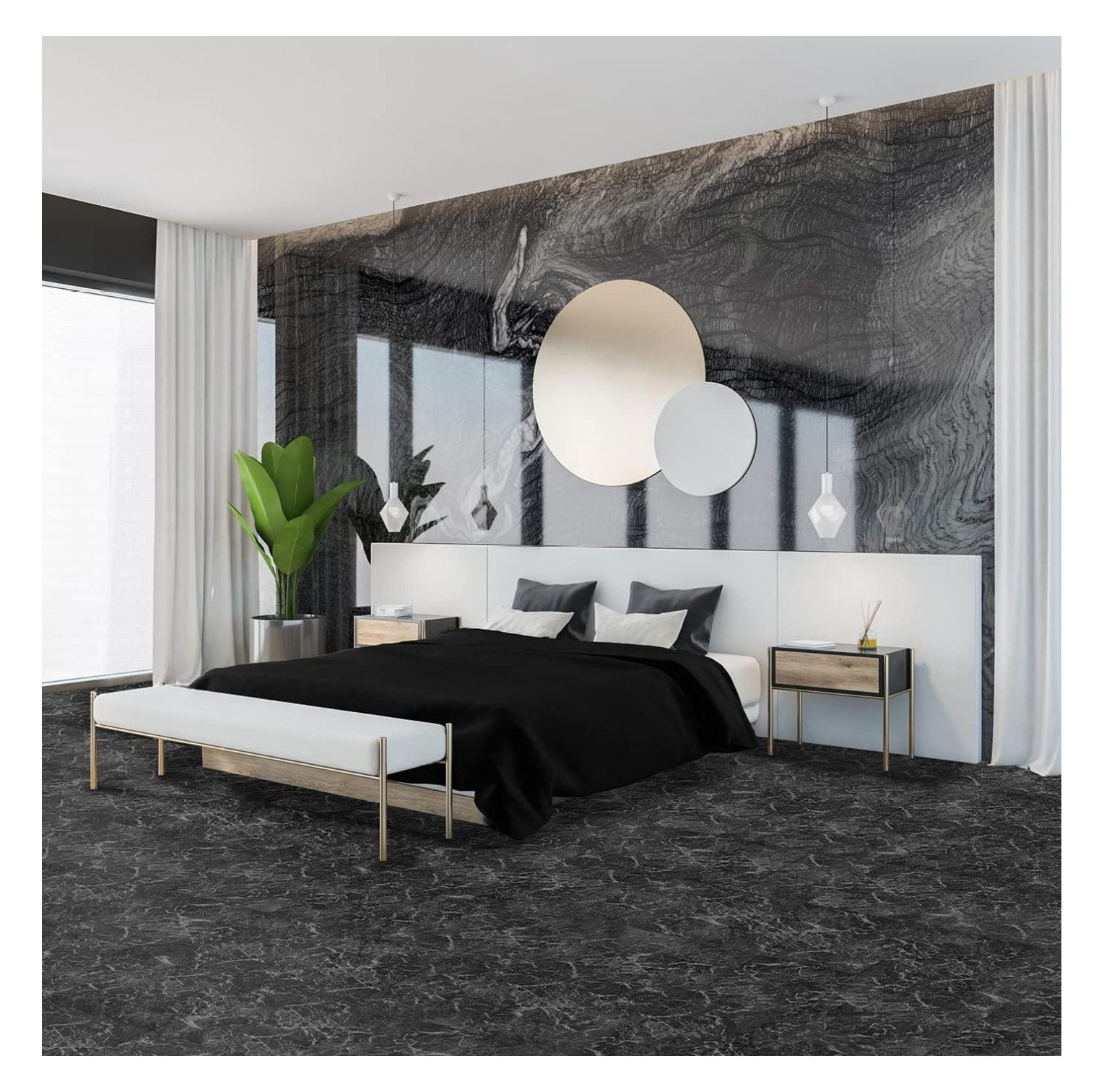 Charcoal Marble Black Vinyl Floor Tiles Self Stick Peel Flooring 12" x 12", 2-Pack (40 Pieces)