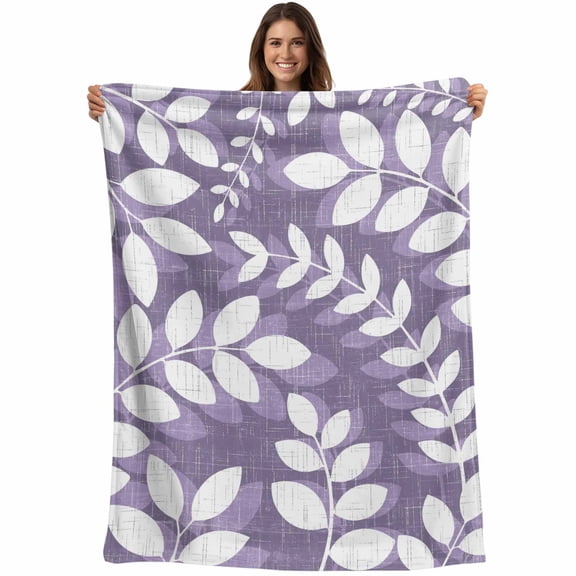 Throw Blanket Purple Leaf Branches Blankets and Throws, Linen Leaves Plant Blanket for Couch Bed Sofa Chair, Soft Cozy Warm Flannel Fleece Blankets for All Season Home Decor 40x50 Inch