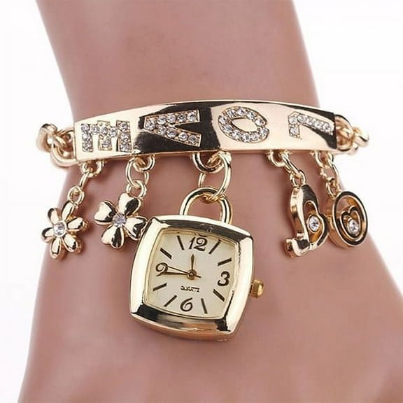Deyuer Women Love Letters Rhinestone Inlaid Chain Bracelet Flower Pendant Wrist Watch
