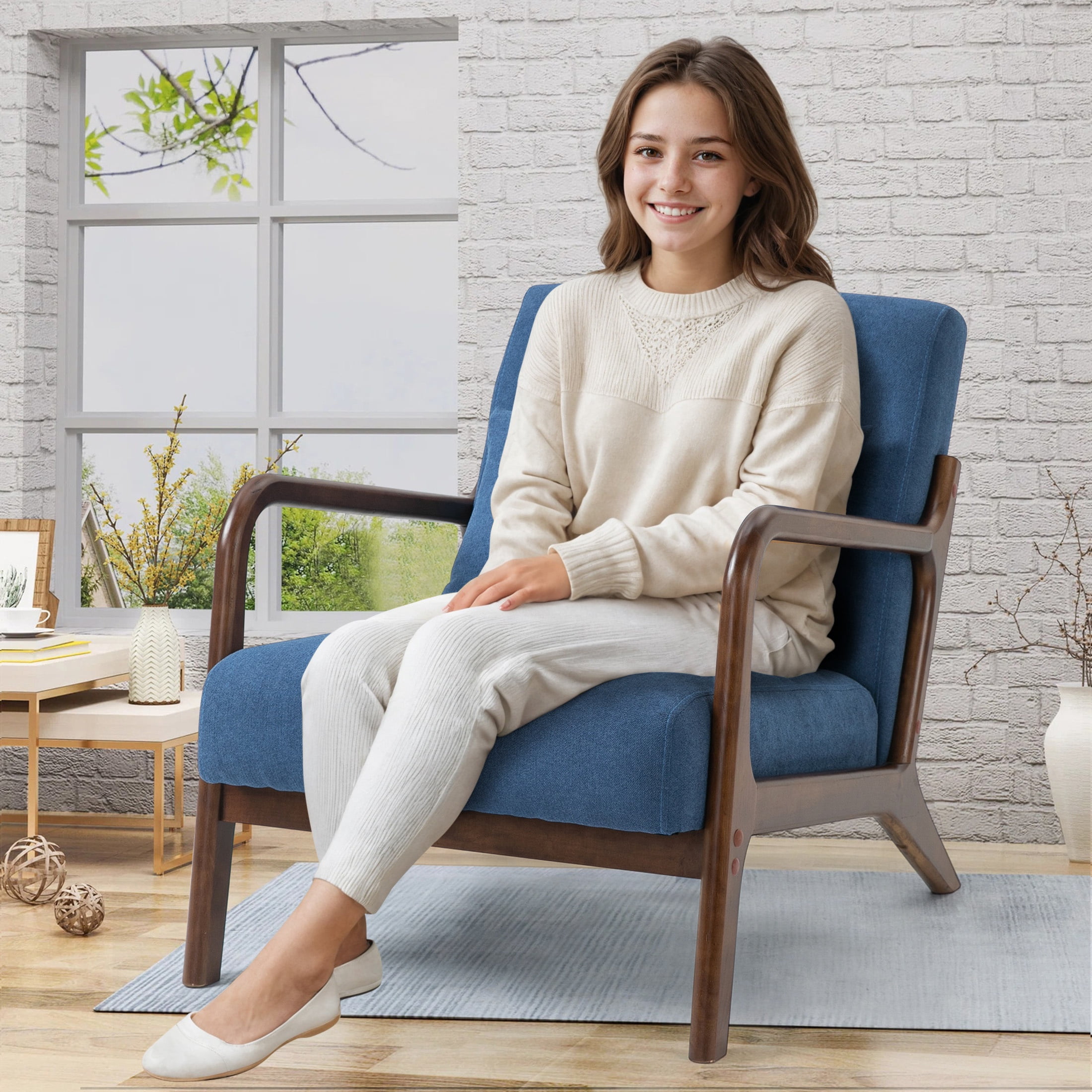 PAPROOS Accent Chair Set of 2, Mid-Century Modern Armchair with Solid Wood Frame and Pillow, Velvet Fabric Upholstered Reading Chair for Living Room Bedroom, Navy