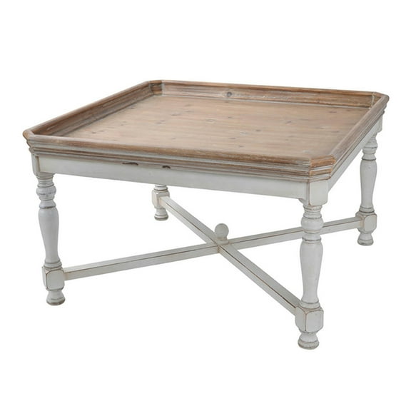 JERFIT 33 inch Square Coffee Table with Tray Top, French Country Style Farmhouse Accent Table in Distressed White Finish and Natural Wood
