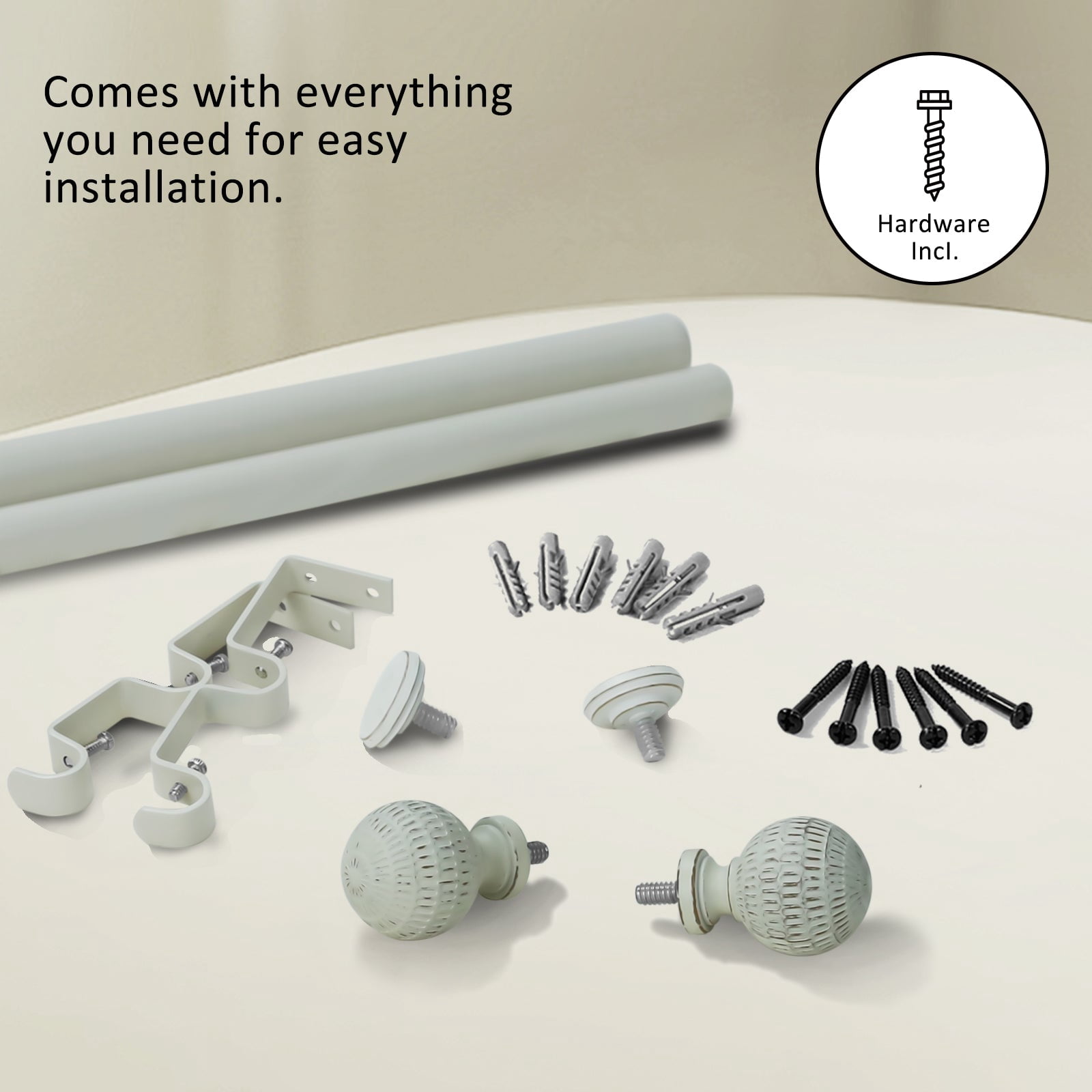 Ridicili 5/8" Telescoping Double Curtain Rods with Reticulated Ball Finials, Weathered White, 84"-120", 5/8 Inches Front and 1/2 Inches Back Double Window Drapery Rod