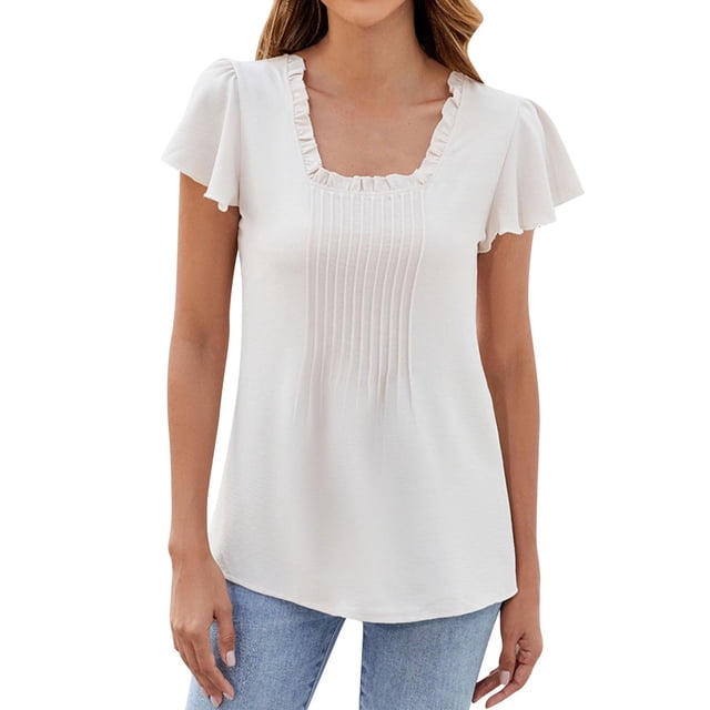 Liquidation de Hauts pour Femmes Grande Taille, Blouse d'Été à Manches Courtes pour Femmes, T-shirt à Volants à Col Carré Uni pour Femmes, Hauts Blouse à Manches Courtes