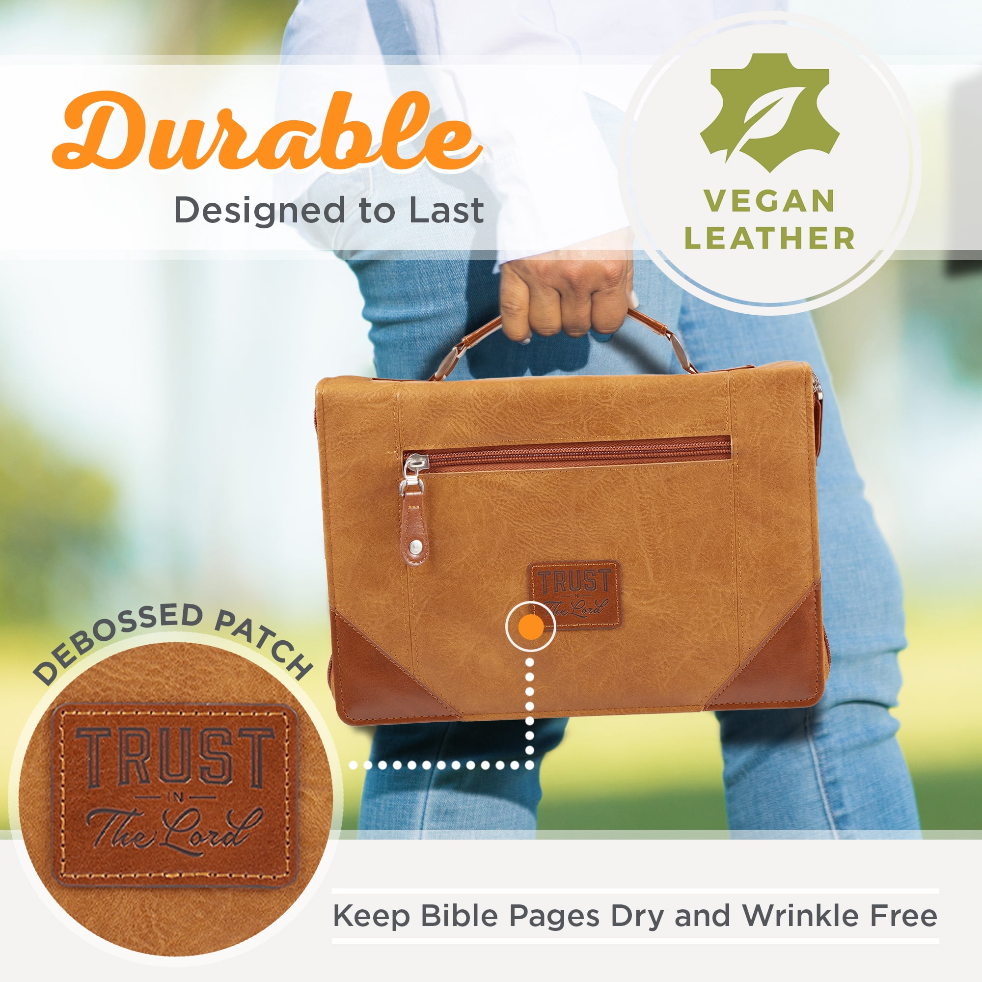 Christian Art Gifts Classic Vegan Leather Bible Cover for Men & Women: Trust in the Lord Inspirational Scripture, Easy Carry Book Case, Pen Loops, Pockets, Stationery Storage, Light Brown, Large