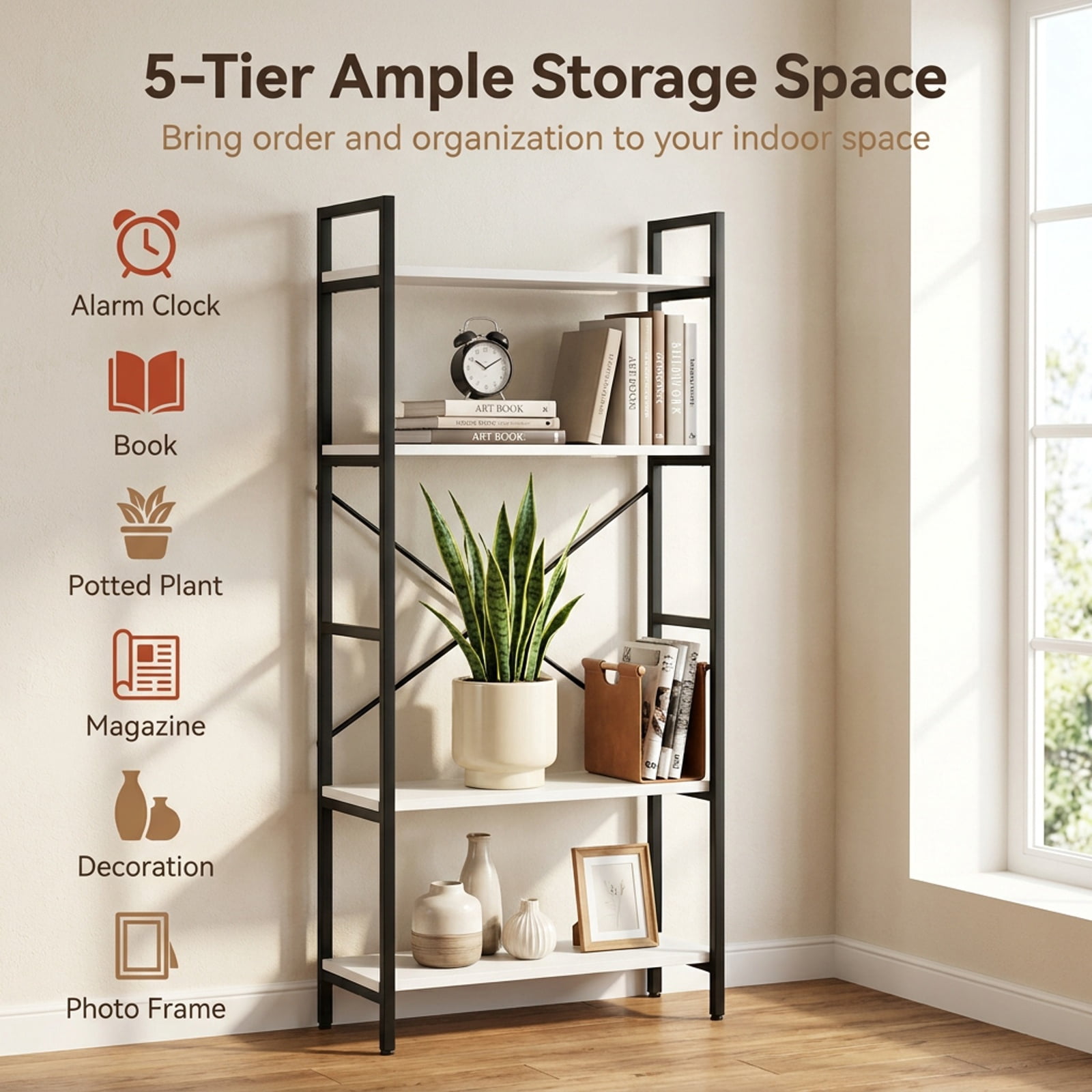 Furnibear 5-Tier Tall Bookshelf Industrial Bookcase with Heavy-Duty Metal Frame Modern Storage for Living Room Home Office Bedroom Display, White