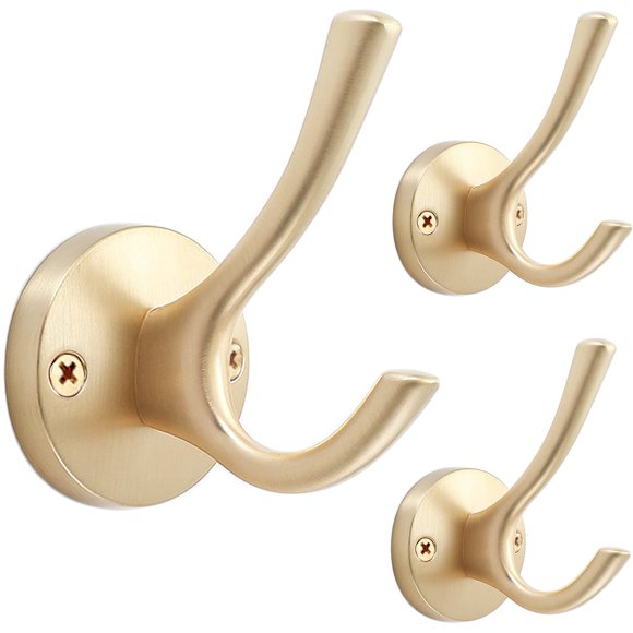 TOFIIGREM Ganchos Dorados para Pared, Paquete de 3 Ganchos para Toallas, Gancho Doble de Metal Resistente para Albornoz, Ganchos para Sombreros para Montaje en Pared, para Cubículo, Baño, Cocina, Arma