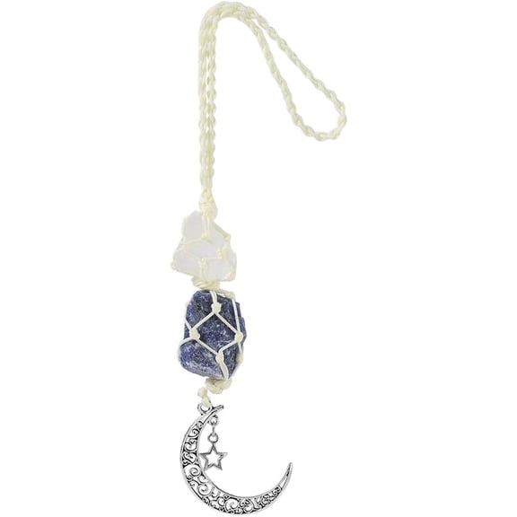 Car Hanging Charms Natural Gemstone Quartz Lazuli with Dangling Moon Star Pendant Rearview Mirror Decorations Car Charm Accessories for Rear View Ornament Home Wall Door Decor