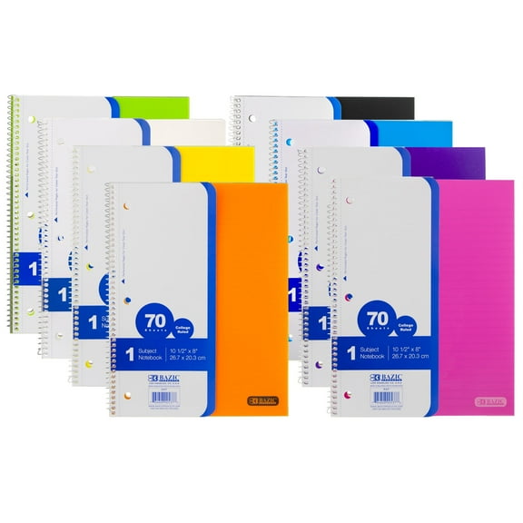 BAZIC College Ruled 1 Subject Poly Cover Spiral Notebook 70 Sheet, Assorted Color, 8-Pack