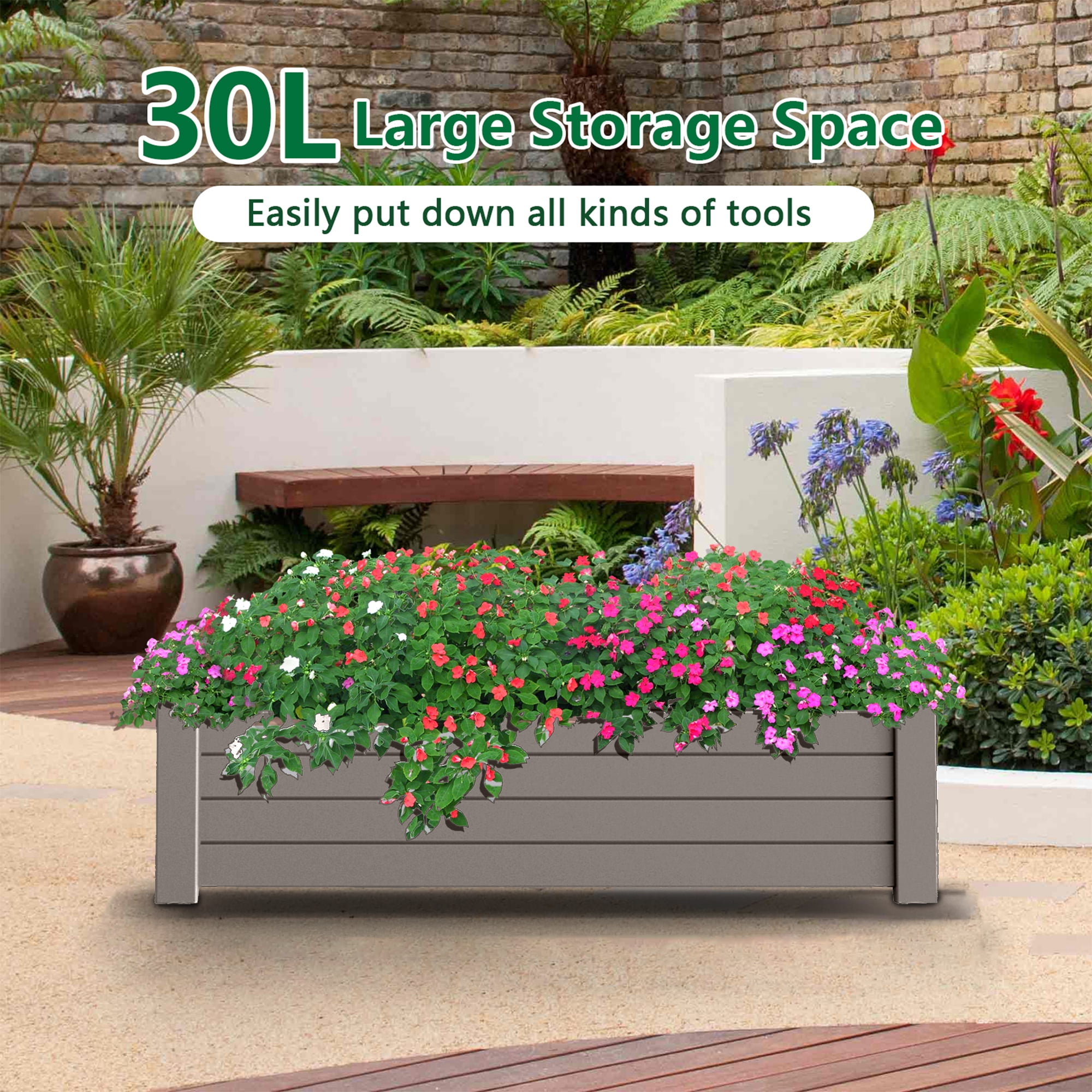 Joxxoaa Raised Garden Bed,Self-Watering Outdoor Raised Planter Box with Drainage Plug and Gauge for Vegetables, Flowers and Herbs, Durable Rustproof Resin for Backyard Patio Porch (Grey)