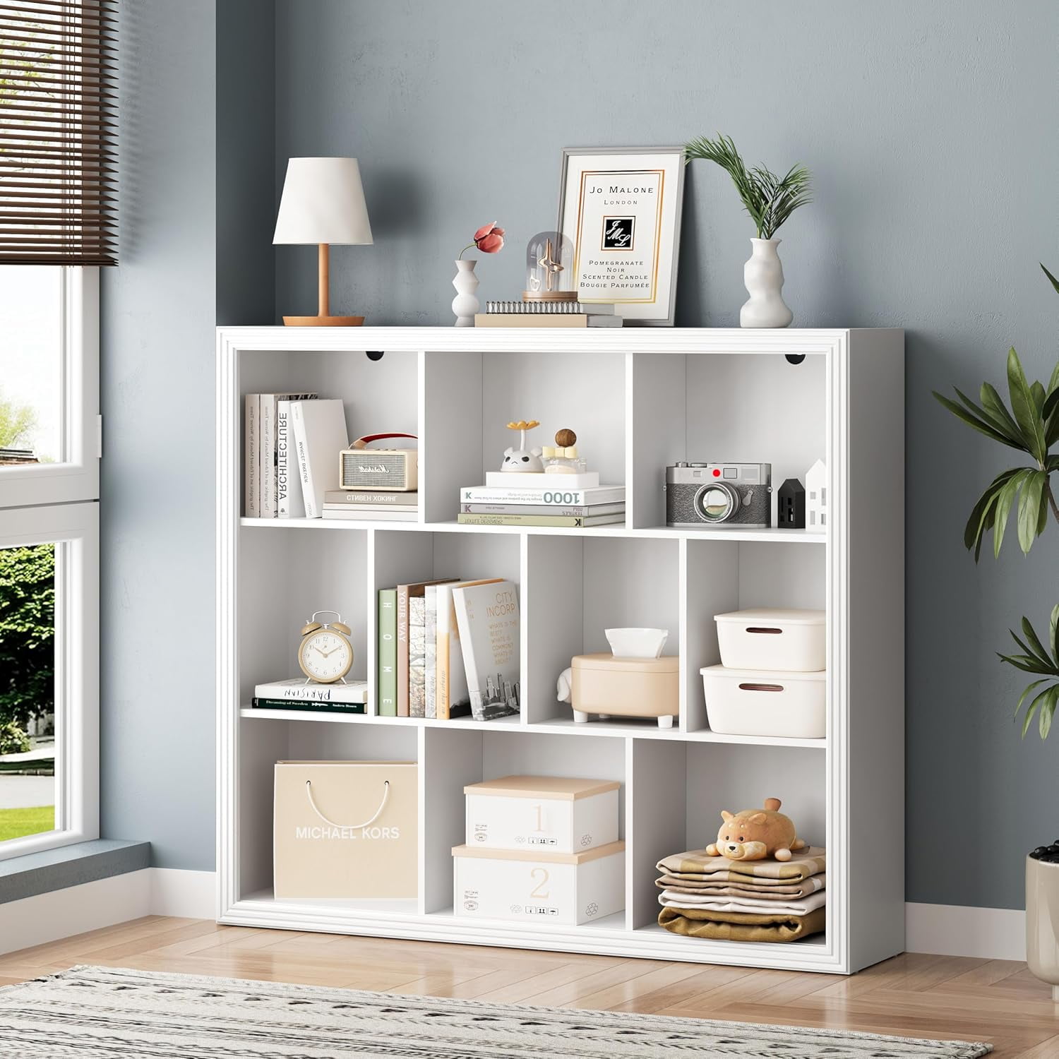 PUFFCAFE Book Shelf with 10-Cube,3 Tier Open Book Cases,Floor Standing 38" Tall bookshelf,Wooden Display Shelves,White Bookcase