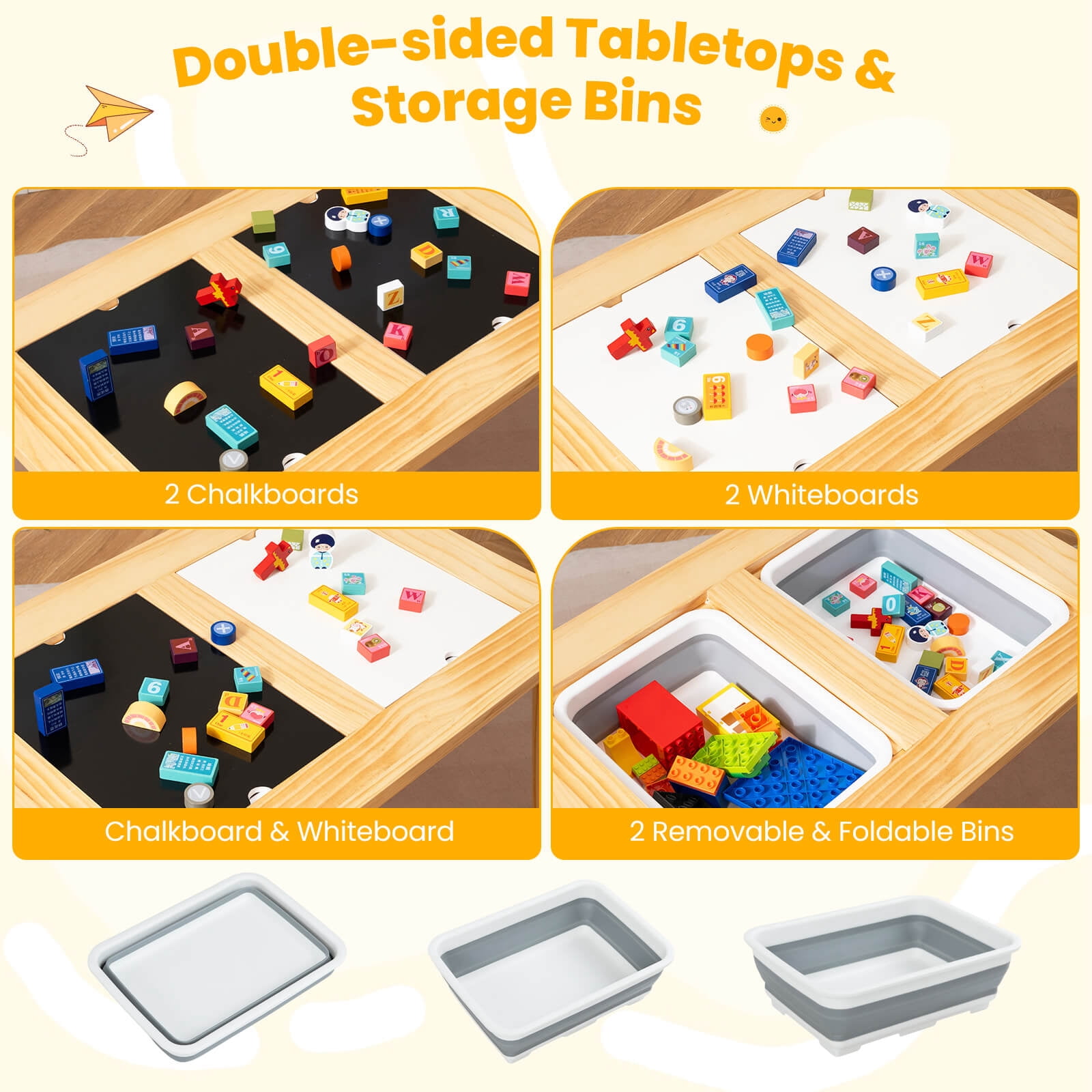 Costway Sensory Table Kid’s Table and Chairs Set with Detachable Double-Sided Tabletops Natural + White + Black
