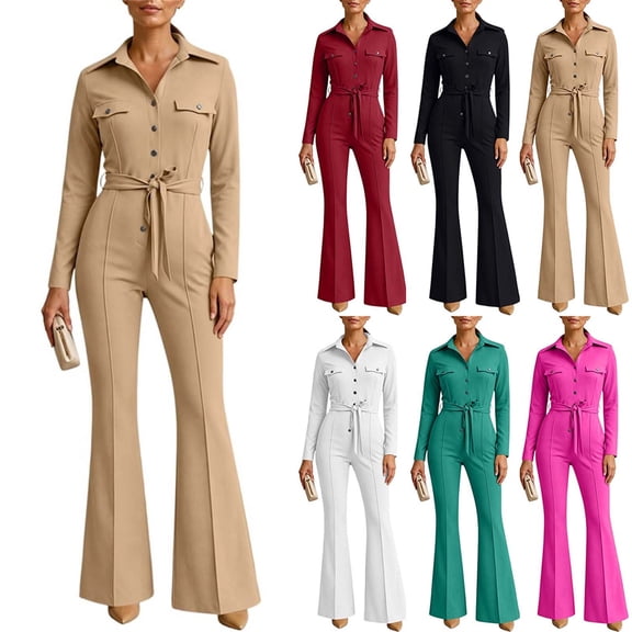 Aimik Womens Long Sleeve Button Down Jumpsuits Lapel Belted Wide Leg Flare Jumpsuits Fall Casual Dressy One Piece Jumpsuit for Women