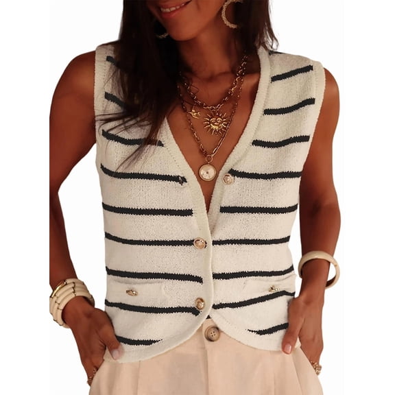 Women Summer Outfits Striped Sweaters Button Up Casual Blouses Vest Black & White XL