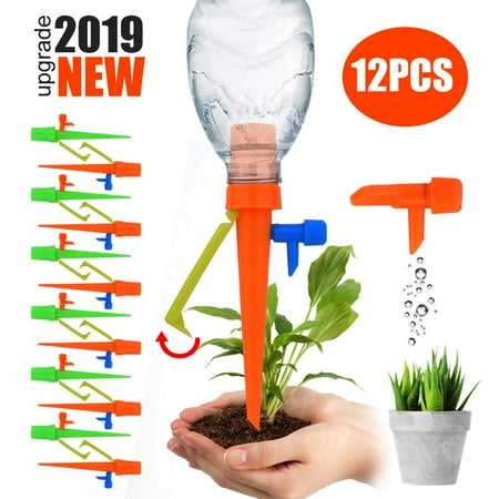 Patio Pot Watering System 【2019 NEW 】Plant Self Watering Spikes System with Slow Release Control Valve Switch Self Irrigation Watering Drip Devices, Plant Waterer with Anti-Tilt Anti-Down Bracket, Suitable for All Bottles 12pc ()