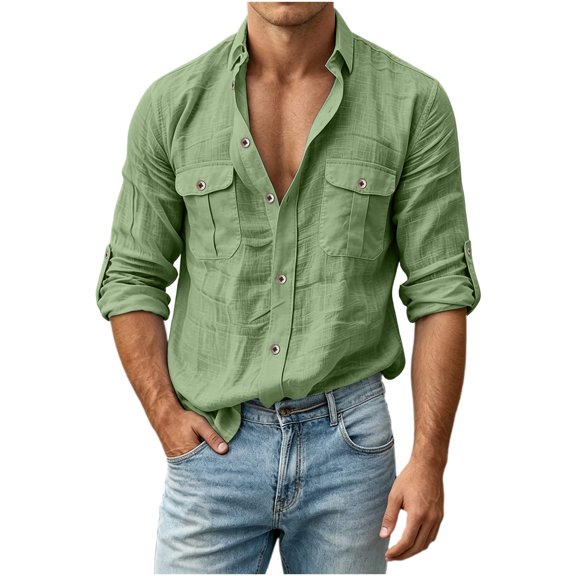 LEKWK Casual Button Down Shirts for men Long Sleeve Roll-up Sleeve Tops with Button Flap Pockets Classic Fit Lightweight Cotton Linen Feel for Work Safari Outdoor Green M