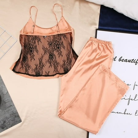 

QWZNDZGR HiLoc Backless Satin Sexy Pajamas Black Lace Pajamas With Pants Loose Spaghetti Strap Intimate Lingerie Sleepwear Women Pj Set