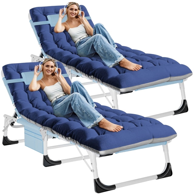 ABORON 2 Pack Folding Patio Chaise Lounge Chair - 5 Position Adjustable -28" Wide Foldable Camping Cot Bed with Cushion, Portable Beach Lounge Chair for Pool Lawn Deck Poolside Outdoor Sunbathing