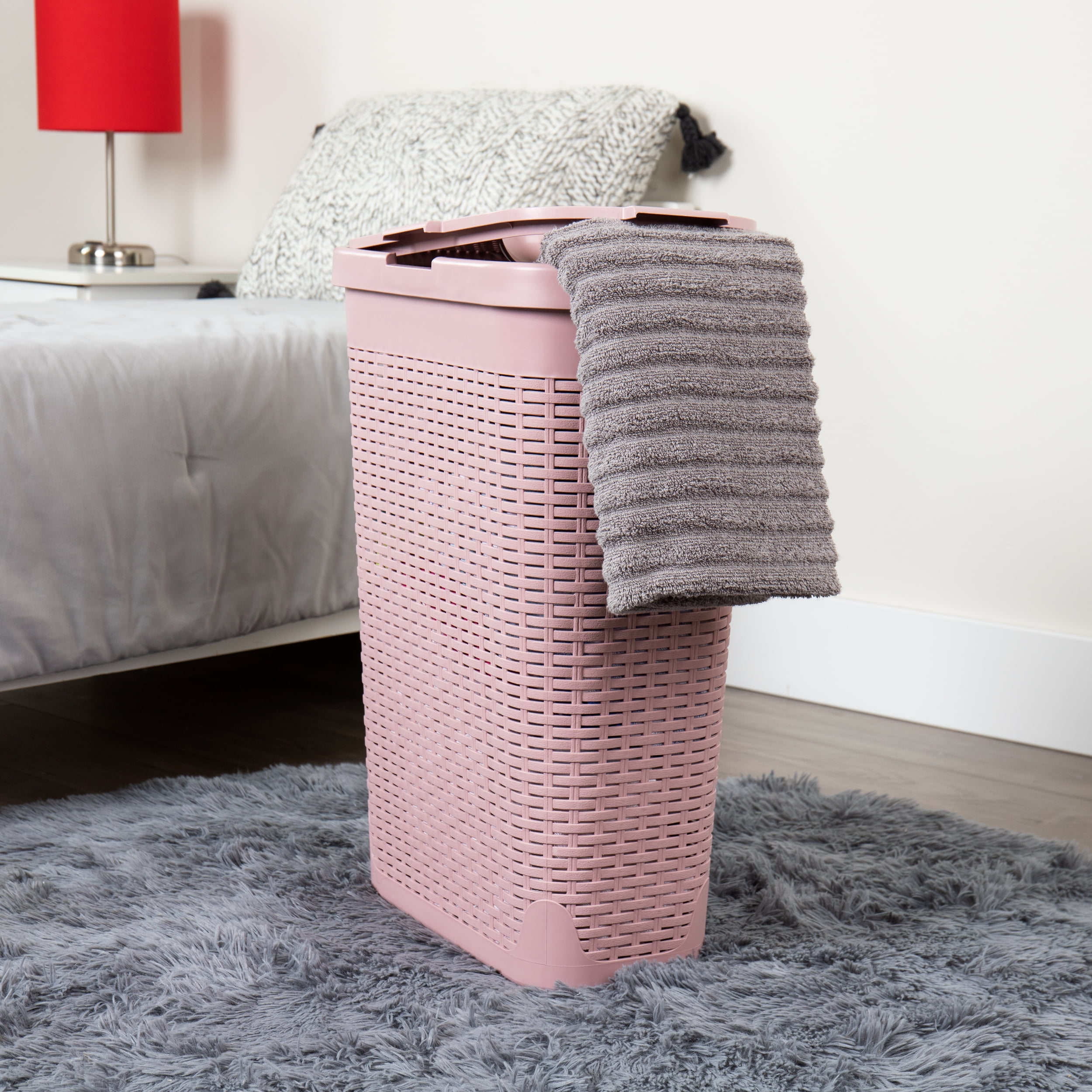 Mind Reader 40L Slim Laundry Hamper, Clothes Basket, Lid, Wicker Design, Plastic, 18"L x 10.4"W x 23.5"H, Pink