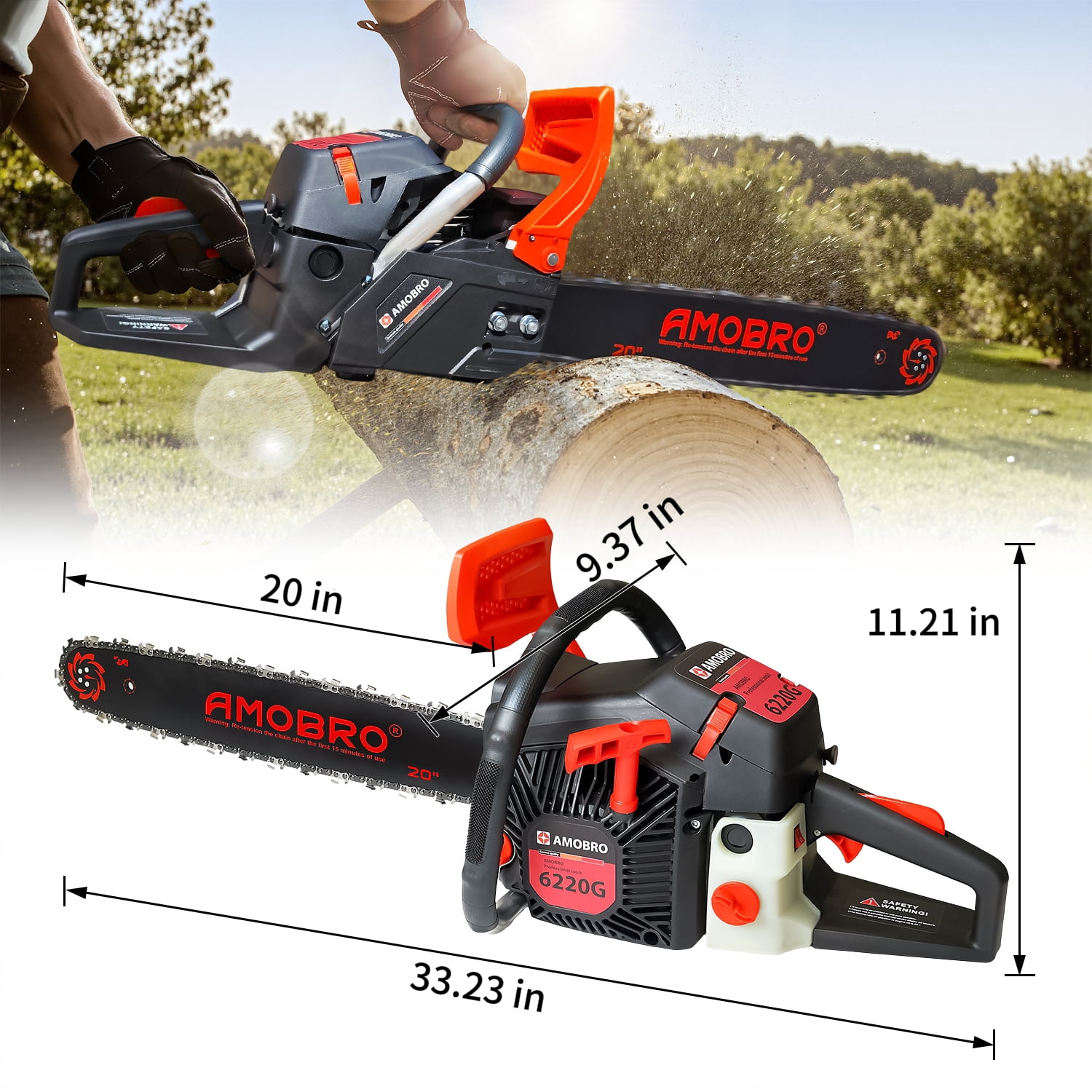 Amobro Gas Chainsaw 20-inch 62CC 3HP 2-Cycle Petrol Powered Chain Saws for Trees and Wood Cutting