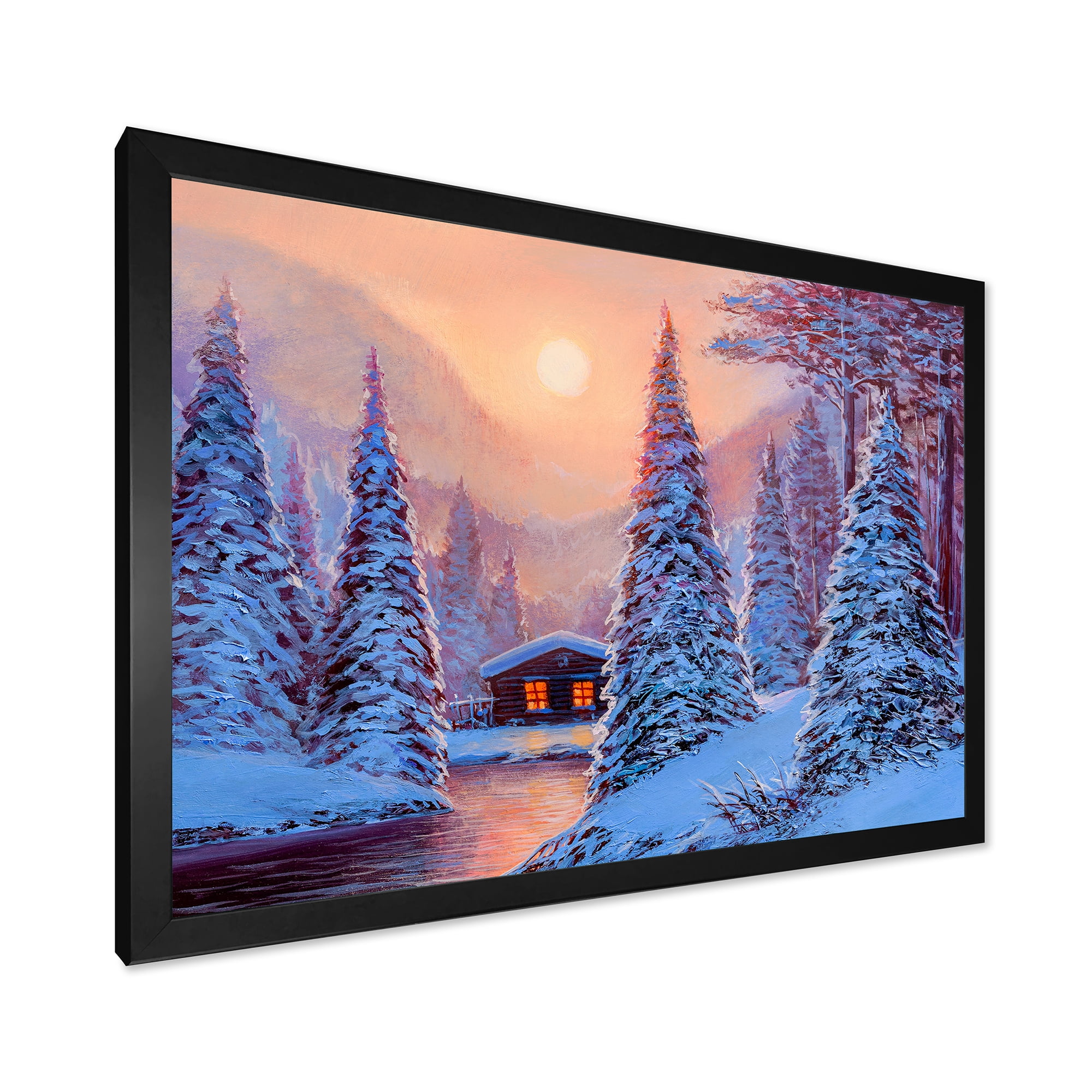 Designart 'The River House In The Woods and Winter Landscape I' Lake House Framed Art Print