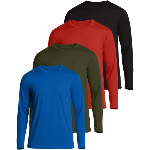 4 Pack Men's Long Sleeve Dry Fit T Shirts Pocket Fishing Workout UPF 50 Sun