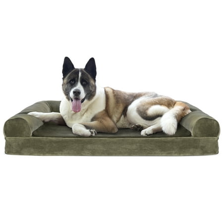 UPC: 0842229106756 | FurHaven Pet Products Faux Fur & Velvet Cooling Gel Memory Foam Sofa-Style Pet Bed for Dogs & Cats – Dark Sage Jumbo