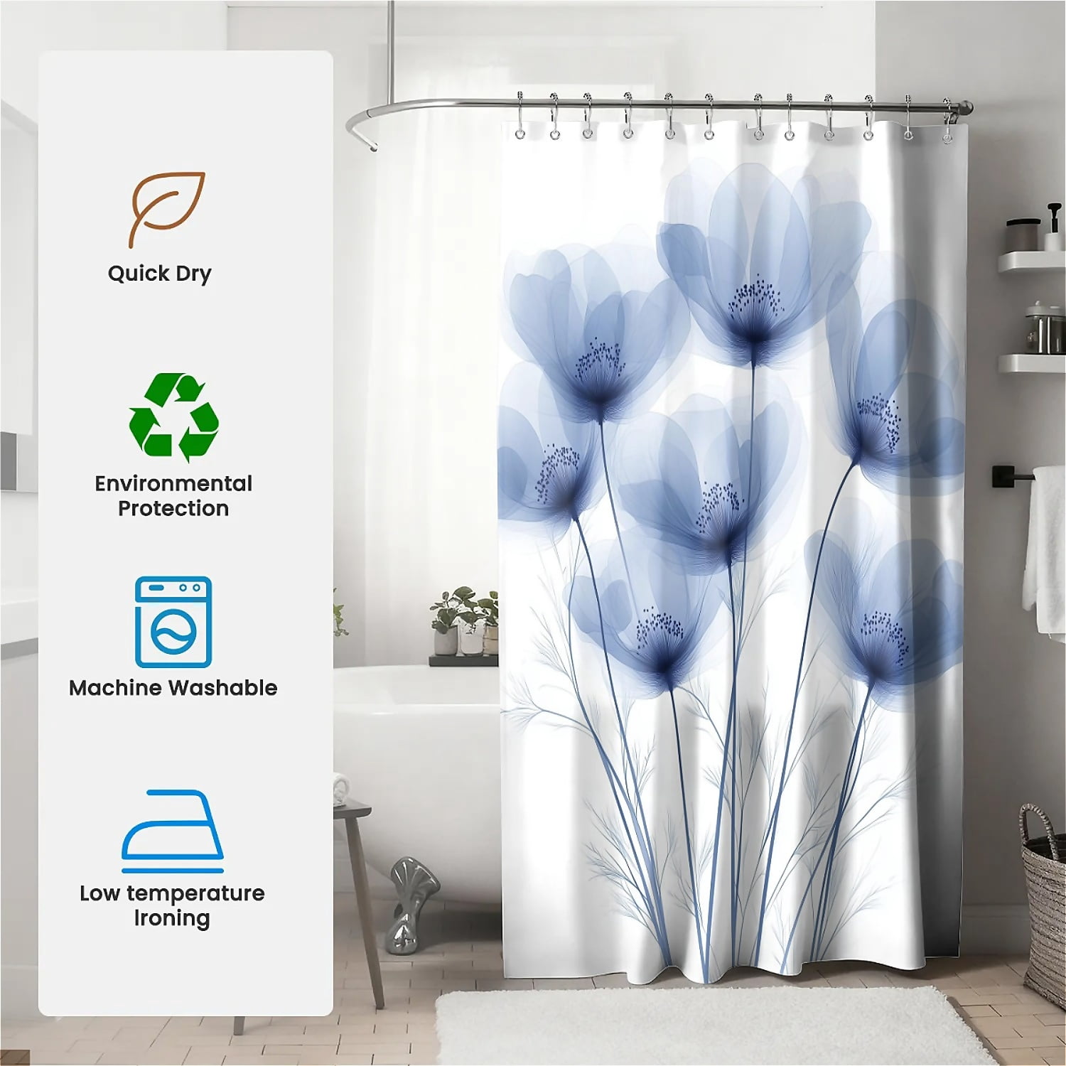 ARTSLION Shower Curtain Navy Blue Geometric Water Repellent Shower Curtain Set, With Hooks，Machine Washable, Modern Decorative Polyester Cloth Shower Curtains For Bathroom,72X78,Blue Flowers