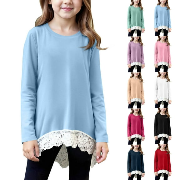 DxhmoneyHX Girls Tunic Tops Casual Basic Loose T-Shirt Soft Lace Trim Swing Pullover High Low Hem Long Sleeve Crewneck Blouse Tees