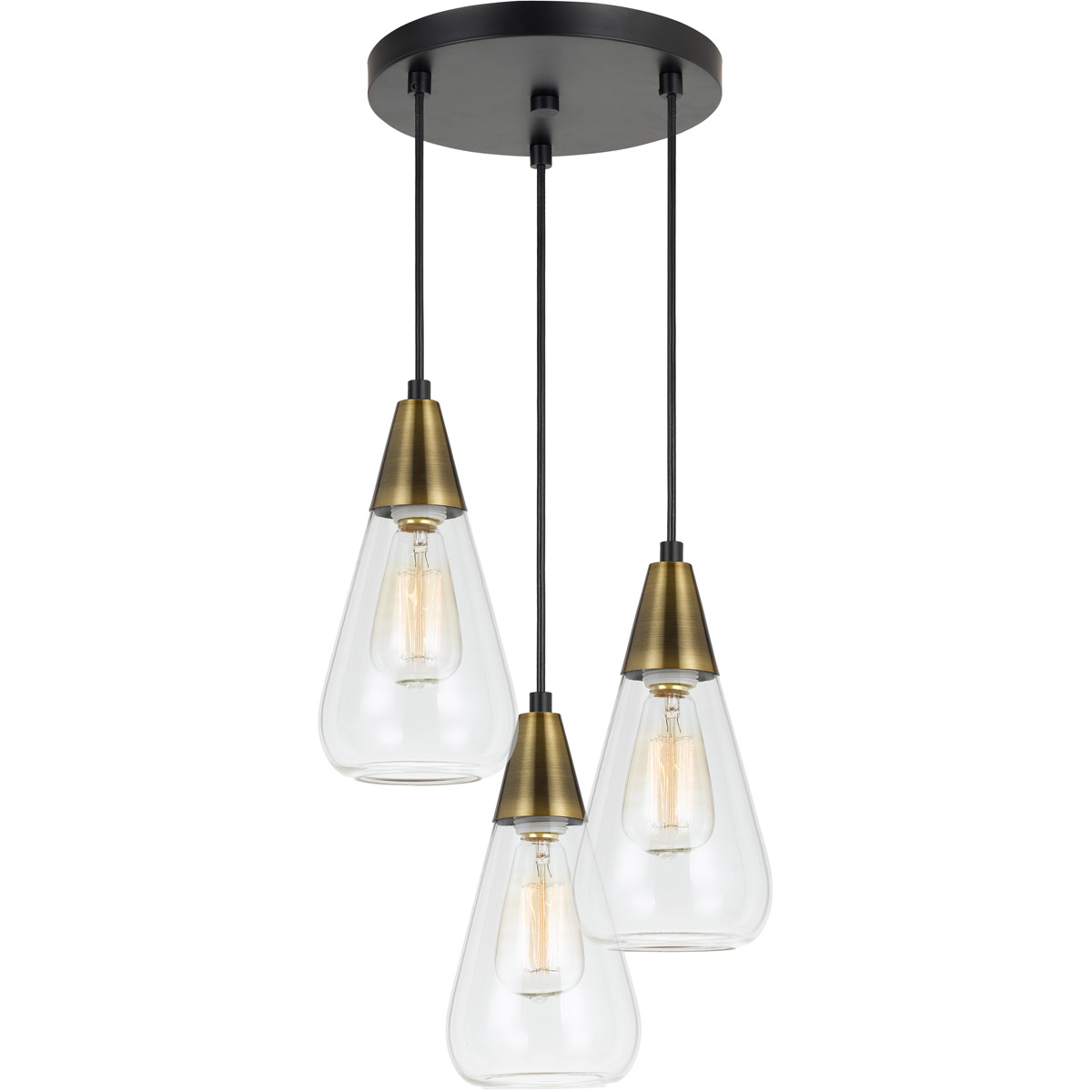 Pendants 3 Light Fixture With Antique Brass and Black Finish Glass
