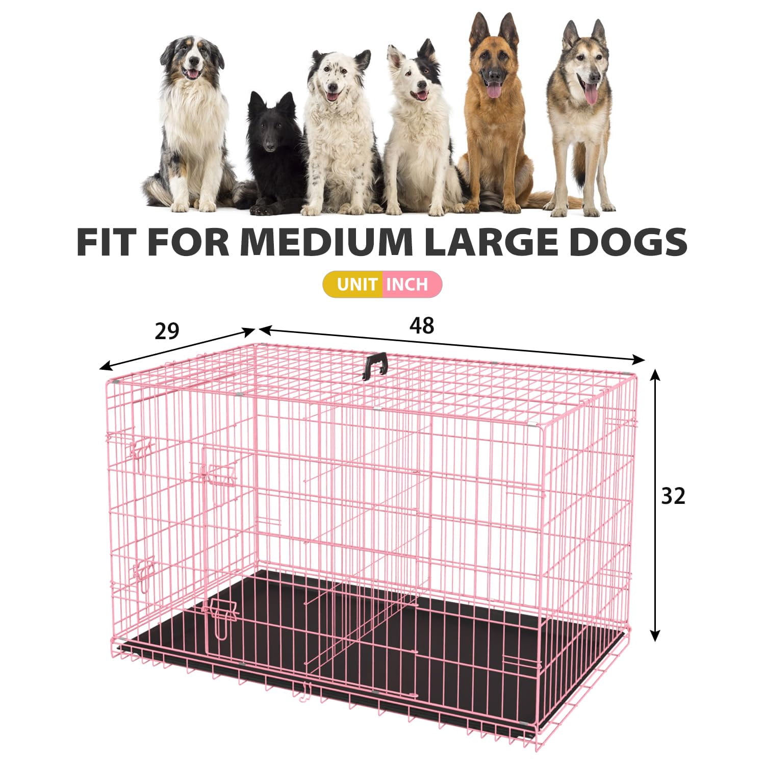 BORGEBY 48 Inch Dog Crates for Large Dogs Folding Metal Wire Crates Dog Kennels Outdoor and Indoor Pet Dog Cage Crate with Double-Door,Pink