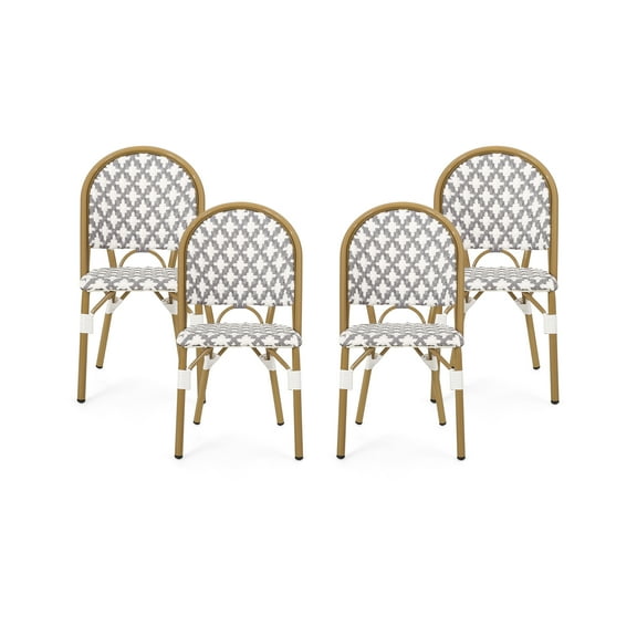 GDF Studio Jordy Outdoor French Bistro Wicker and Aluminum Dining Chairs, Set of 4, Blue, White, and Bamboo Print Finish