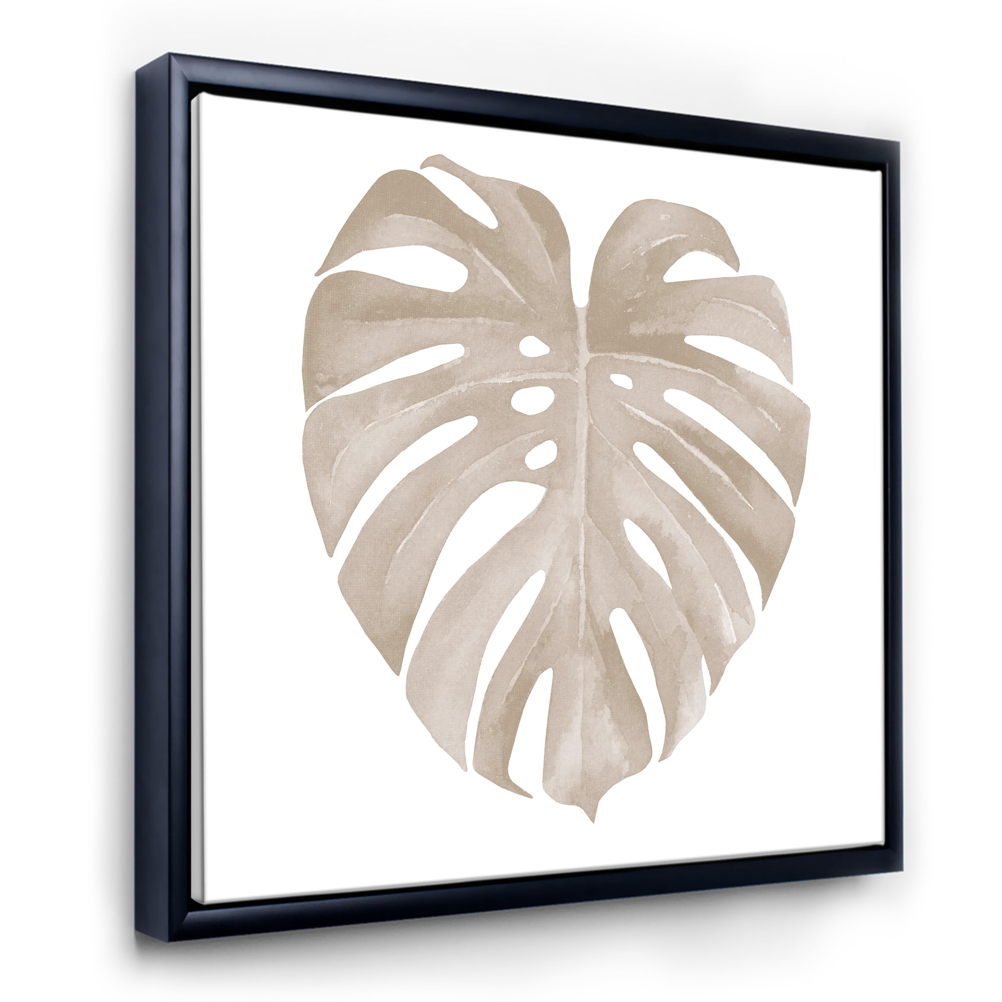 Designart 'Beige Ivory Pastel Monstera Heart Shaped Tropical Leaf' Traditional Framed Canvas Wall Art Print