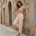 thumbnail image 7 of Inglocry Womens Faux Linen Striped Barrel Pants Comfy Drawstring Capri Pant Summer Beach Vacation Lounge Trousers with Pockets Beige L, 7 of 7