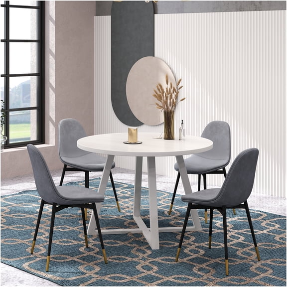 JERFIT 5-Piece Round Dining Table Set with 4 Velvet Upholstered Chairs, Gray or White Trestle Base