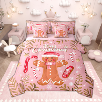 Manfei Manfei Cute Gingerbread Twin Bedding Sets 7pcs for Girls, Pink Merry Christmas Bedding Comforter Set, Xmas Stars Snowflakes Sheet Sets, Luxury Bedroom Decor