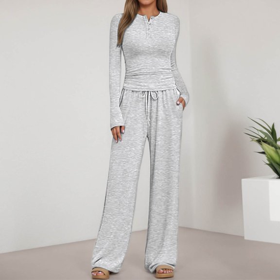 TIANZEN Casual Neck Button Down Long Sleeve Top With Wide Leg Trousers Comfortable Wear Outfit Womens Tuxedo Tailo Womens Suit