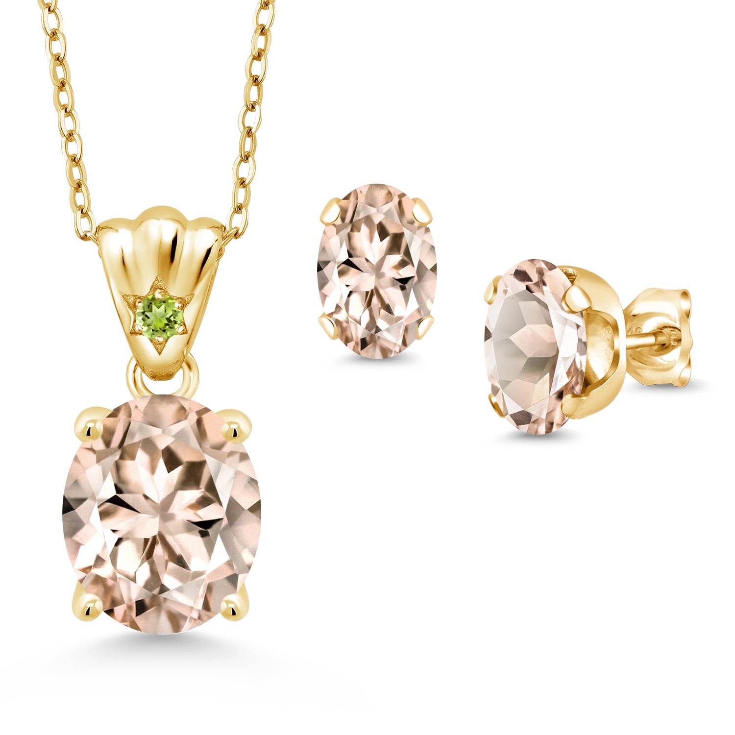 18K Yellow Gold Plated Silver Peach Morganite and Green Peridot Pendant and Earrings Jewelry Set for Women (5.25 Cttw, Gemstone Birthstone, Oval 11X9MM and 8X6MM with 18 inch Silver Chain)