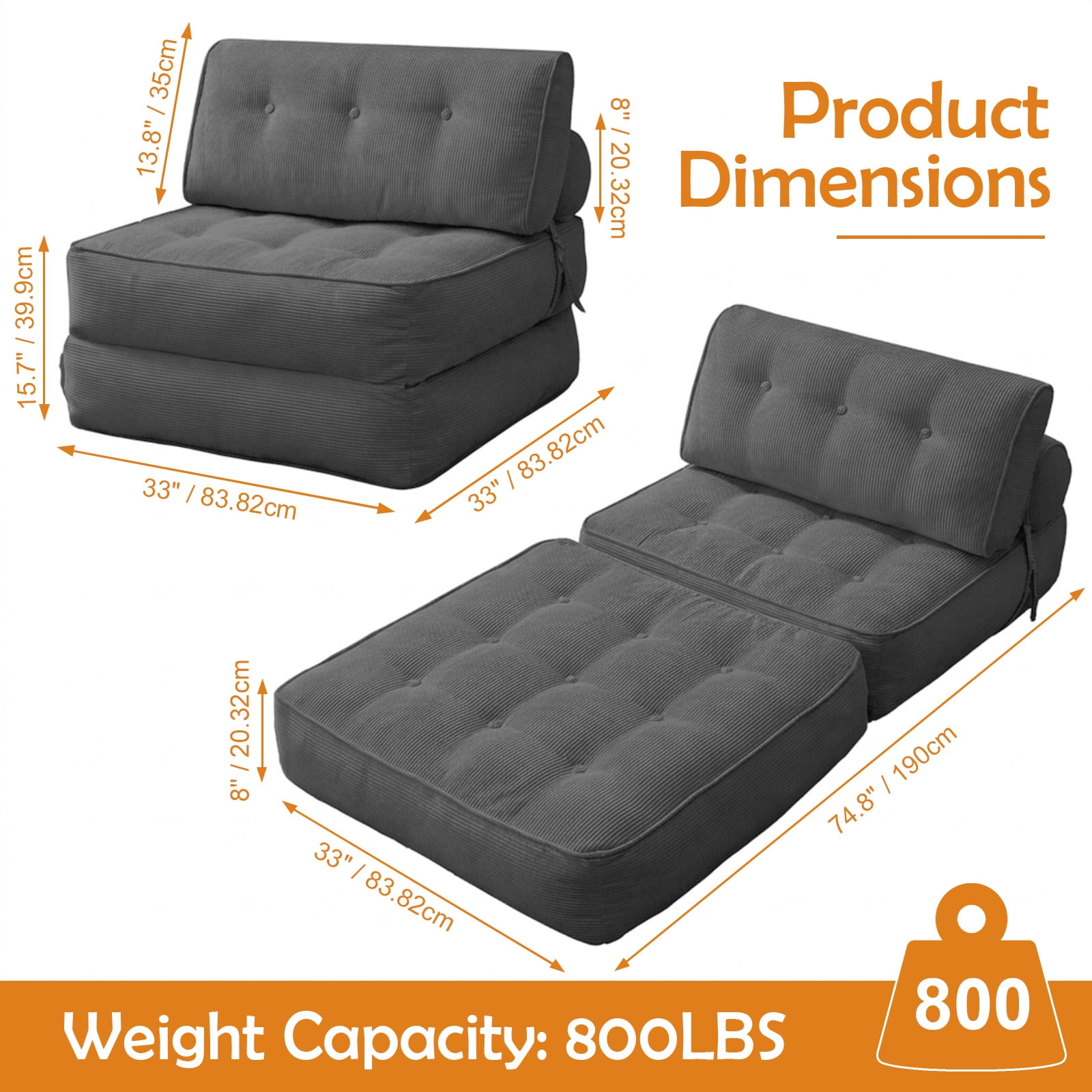 CATGOOD Single Sofa Bed with Pillow, Convertible Sleeper Sofa for Small Spaces, Portable Boneless Small Couch Comfy Floor Sofa Lounge Chair for Living Room, Bedroom, Gray
