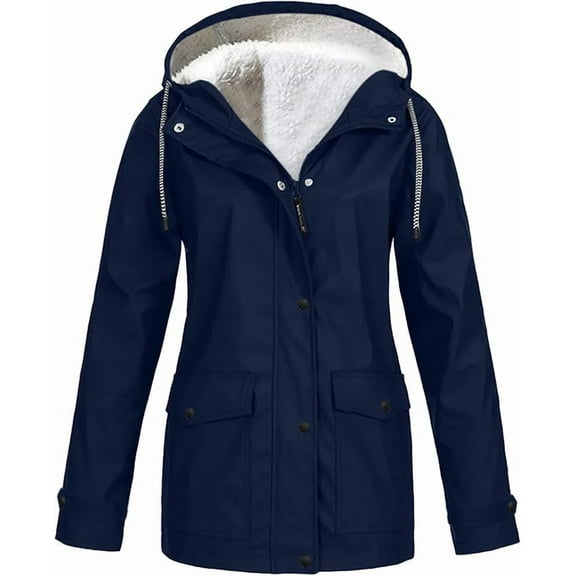 Womens Waterproof Rain Jacket Fleece Lined Rain Coats Lightweight Zip Up Hooded Winter Rain Windbreaker Jackets Outdoor Hooded Trench Raincoat