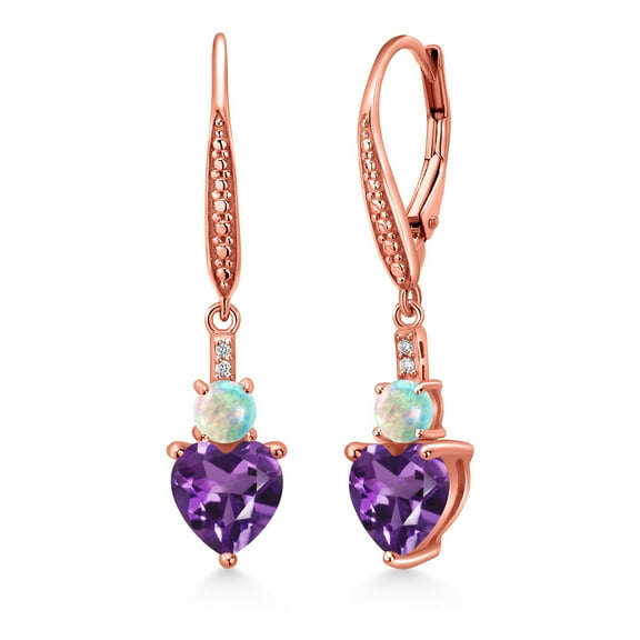 Gem Stone King 18K Rose Gold Plated Silver Purple Amethyst White Opal and White Lab Grown Diamond Drop Dangle Earrings for Women (2.33 Cttw, Heart Shape 7MM, Round 4MM)
