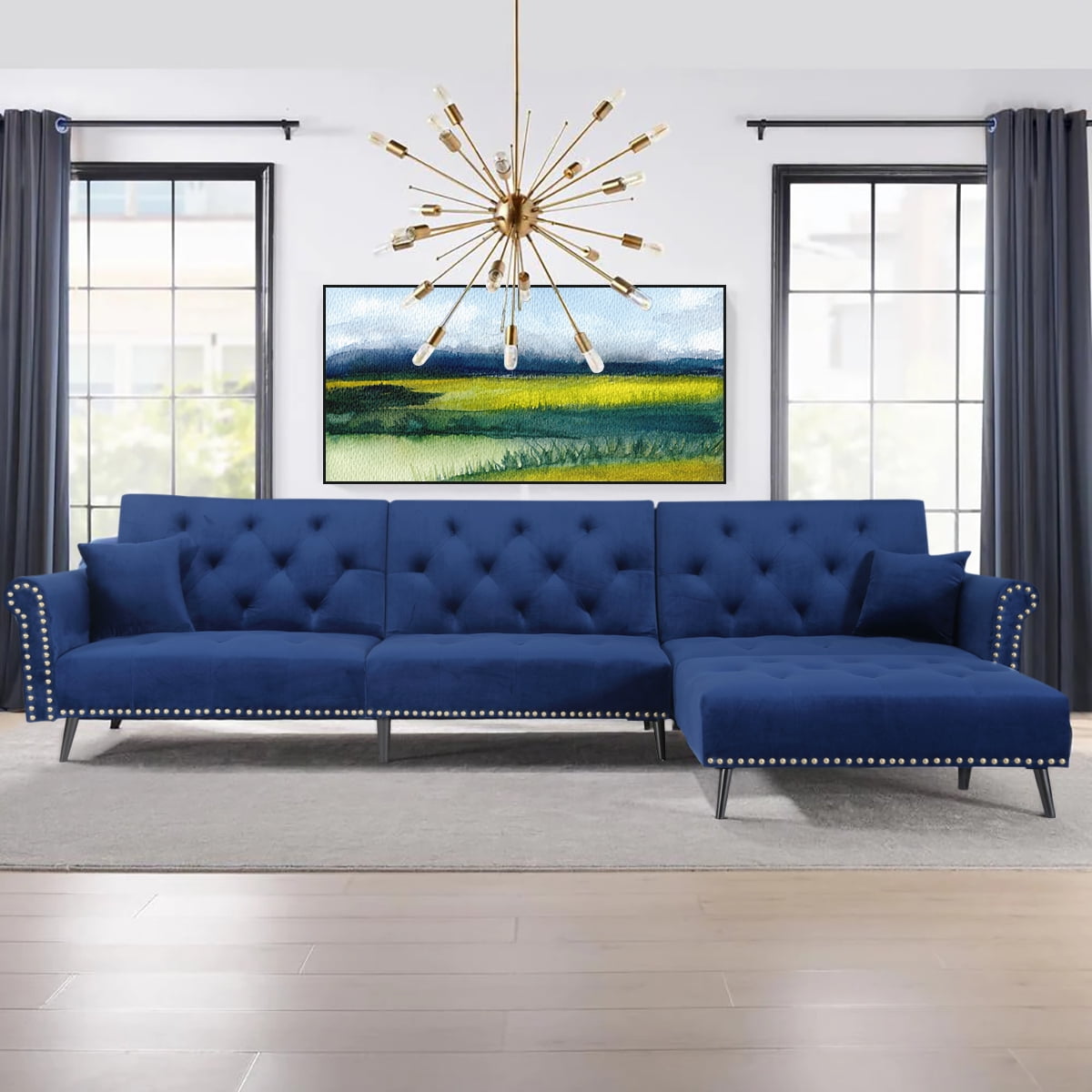 Canddidliike Velvet Covered Convertible Sectional Sofa, L-Shape Upholstered Sleeper with Decor Nails, Wood Legs - Navy Blue